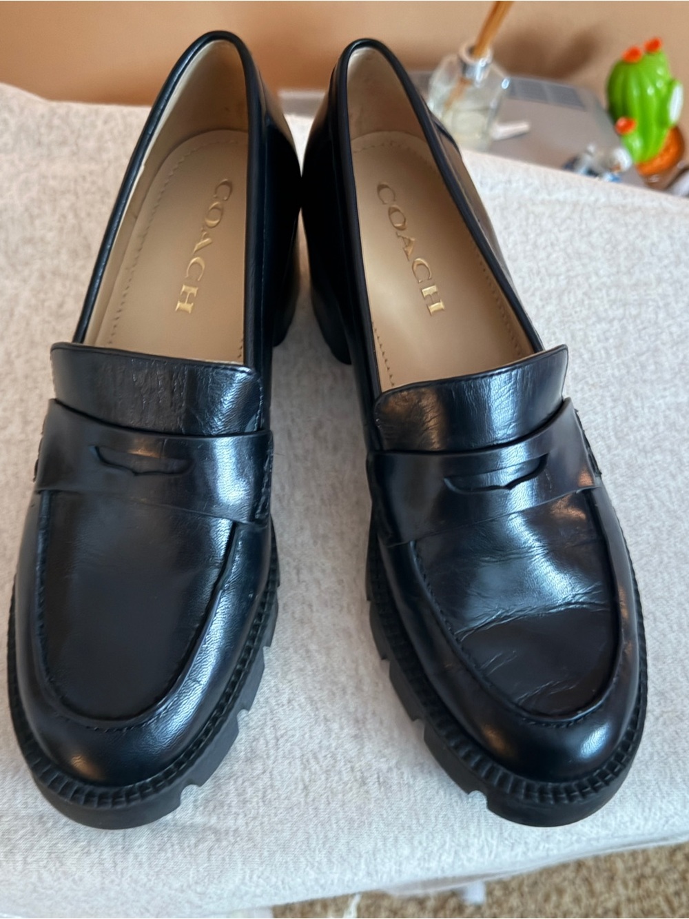 Coach Black Leather Lug Sole Penny Loafers